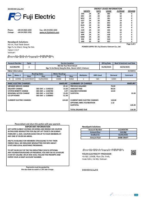 Vietnam Fuji Electric Vietnam Co. business utility bill template in Word formats